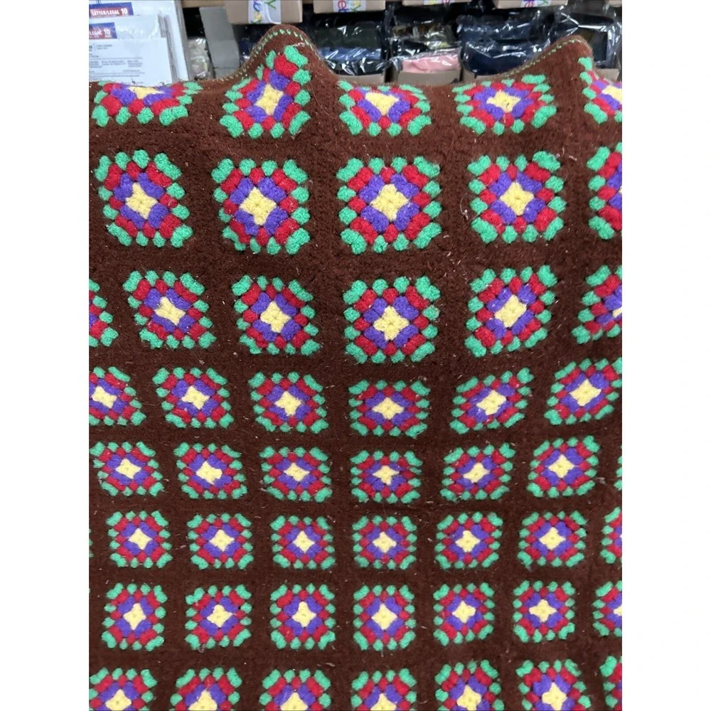 Vtg 70s Brown Multicolor Flower Square Afghan Blanket Granny Crochet Throw 48x60